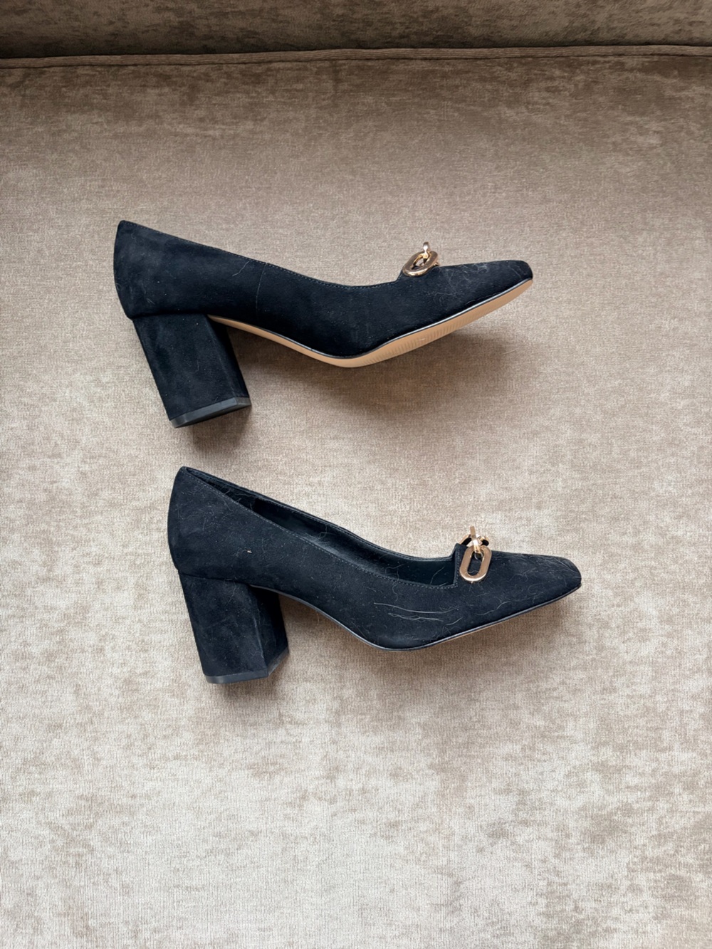 Ann Taylor Classic Black Suede Block Heel Pumps with Gold Accent